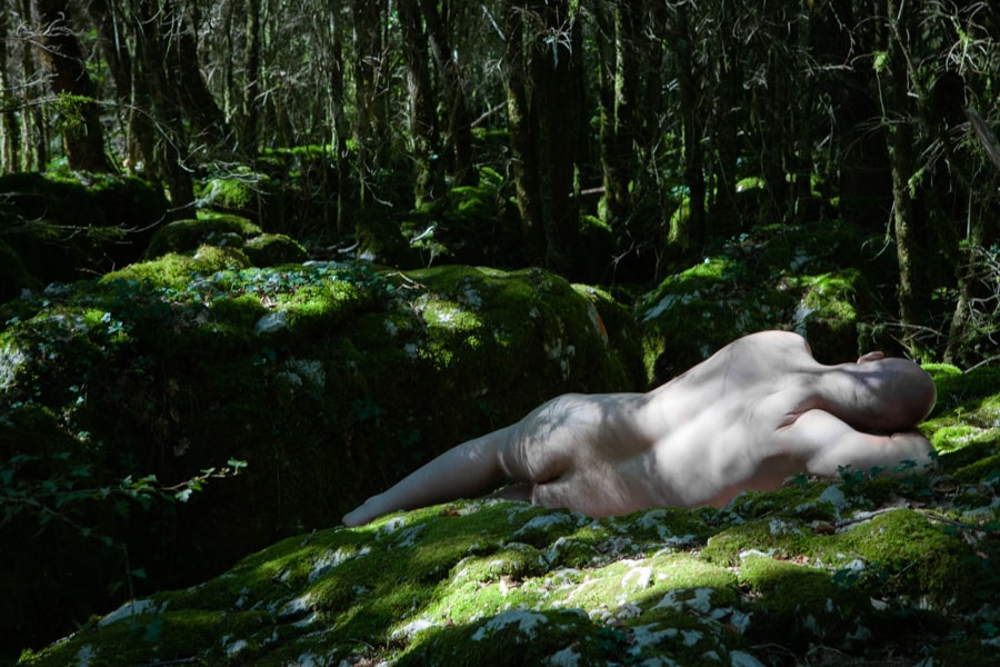 nude man laying on moss covered rock